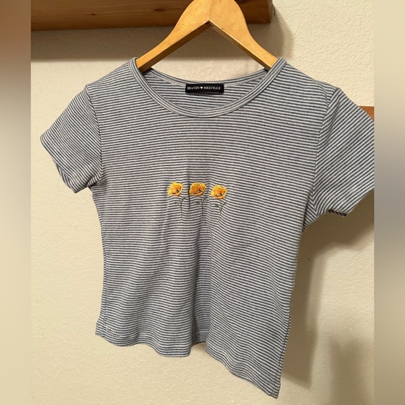 Brandy Melville Embroidered Striped Cropped T Shirt - Picture 2 of 5
